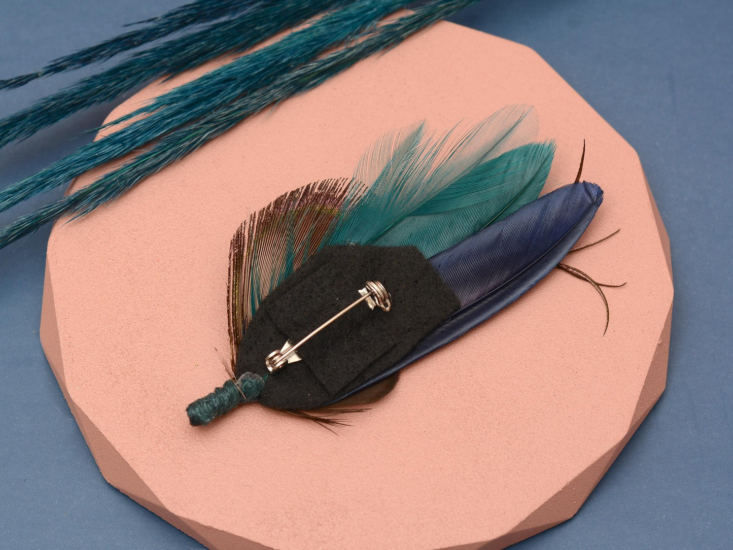 Teal and Navy Peacock Feather Boutonniere | Peacock Feather Corsage | Peacock Feather Brooch