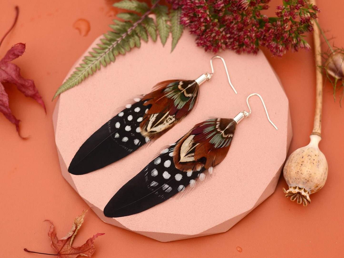 Black and Copper Pheasant Feather Earrings | Festival Earrings | Feather Jewellery | Drop Earrings