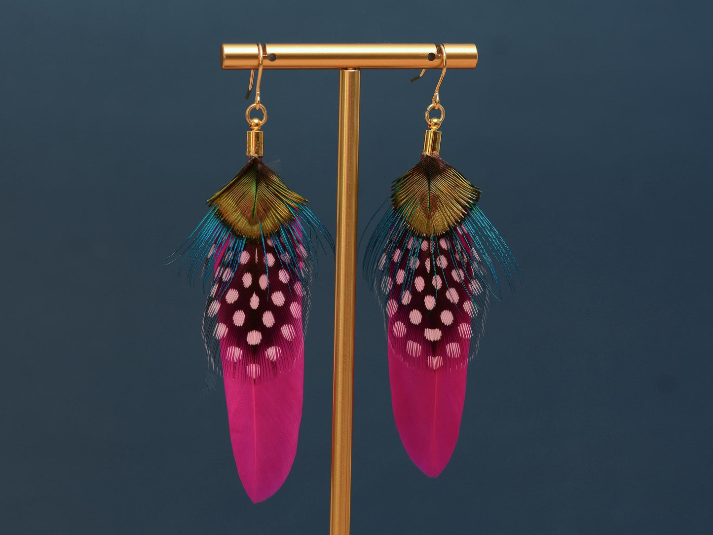 Hot Pink and Turquoise Feather Earrings | Peacock Feather Earrings | Festival Earrings | Feather Jewellery | Festival Jewellery | Bohemian