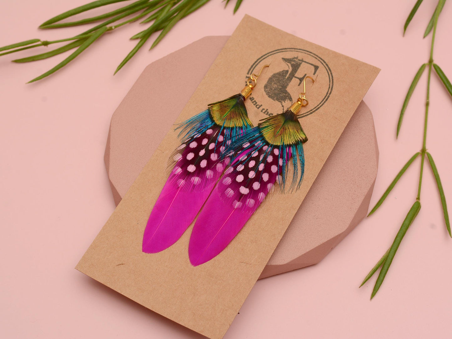 Hot Pink and Turquoise Feather Earrings | Peacock Feather Earrings | Festival Earrings | Feather Jewellery | Festival Jewellery | Bohemian