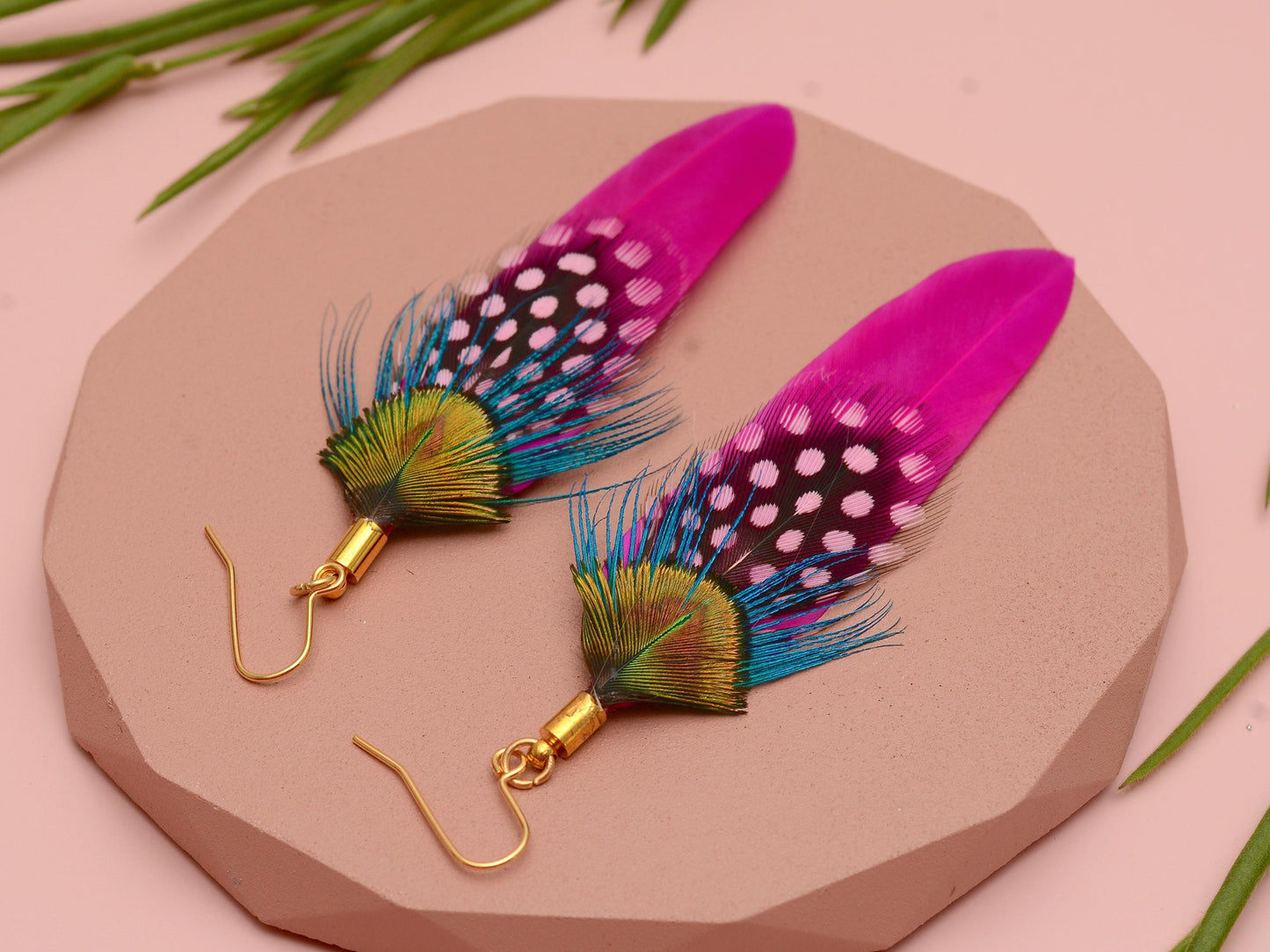 Hot Pink and Turquoise Feather Earrings | Peacock Feather Earrings | Festival Earrings | Feather Jewellery | Festival Jewellery | Bohemian