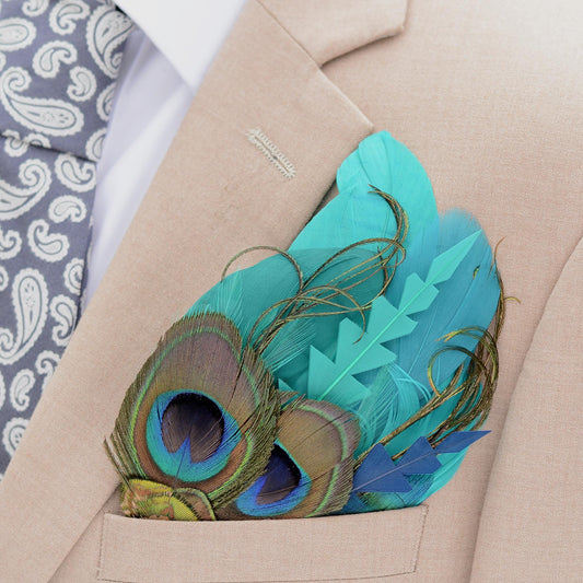 Peacock Feather Pocket Square in Teal and Turquoise Green No.215 | Suit Accessory | Feather Neck Tie | Grooms Outfit | Groomsmen Gift