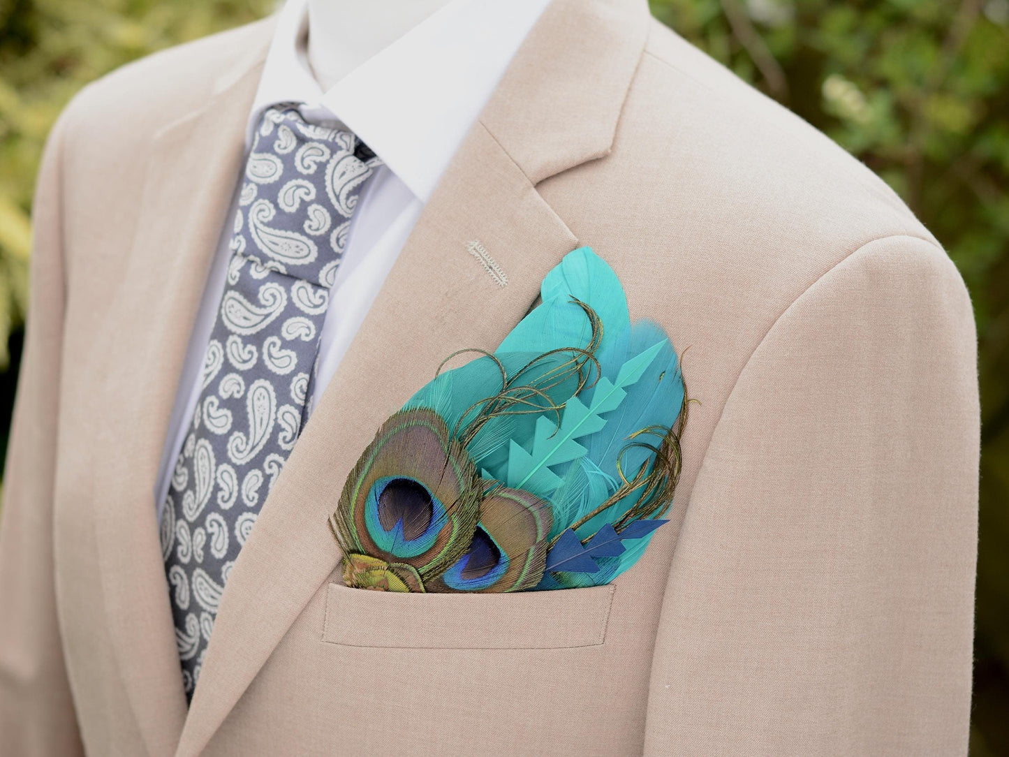 Peacock Feather Pocket Square in Teal and Turquoise Green No.215 | Suit Accessory | Feather Neck Tie | Grooms Outfit | Groomsmen Gift