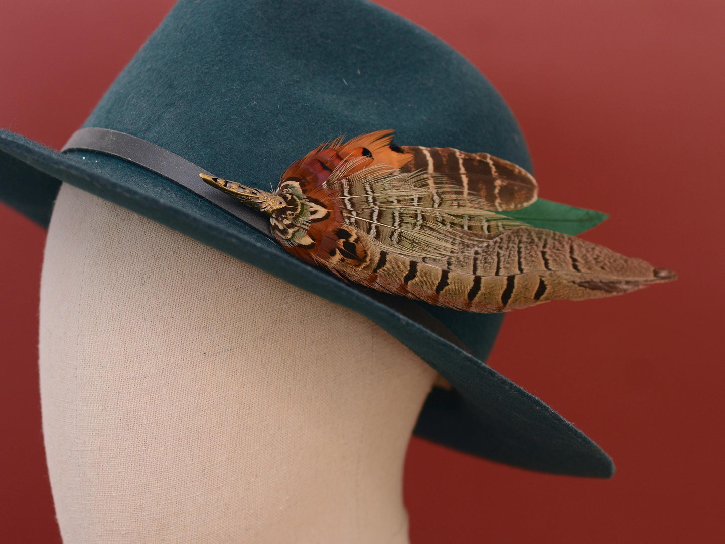 Pheasant Feather Brooch Hat Pin in Green and Copper No.274 | Unique Pheasant Feather Boutonniere