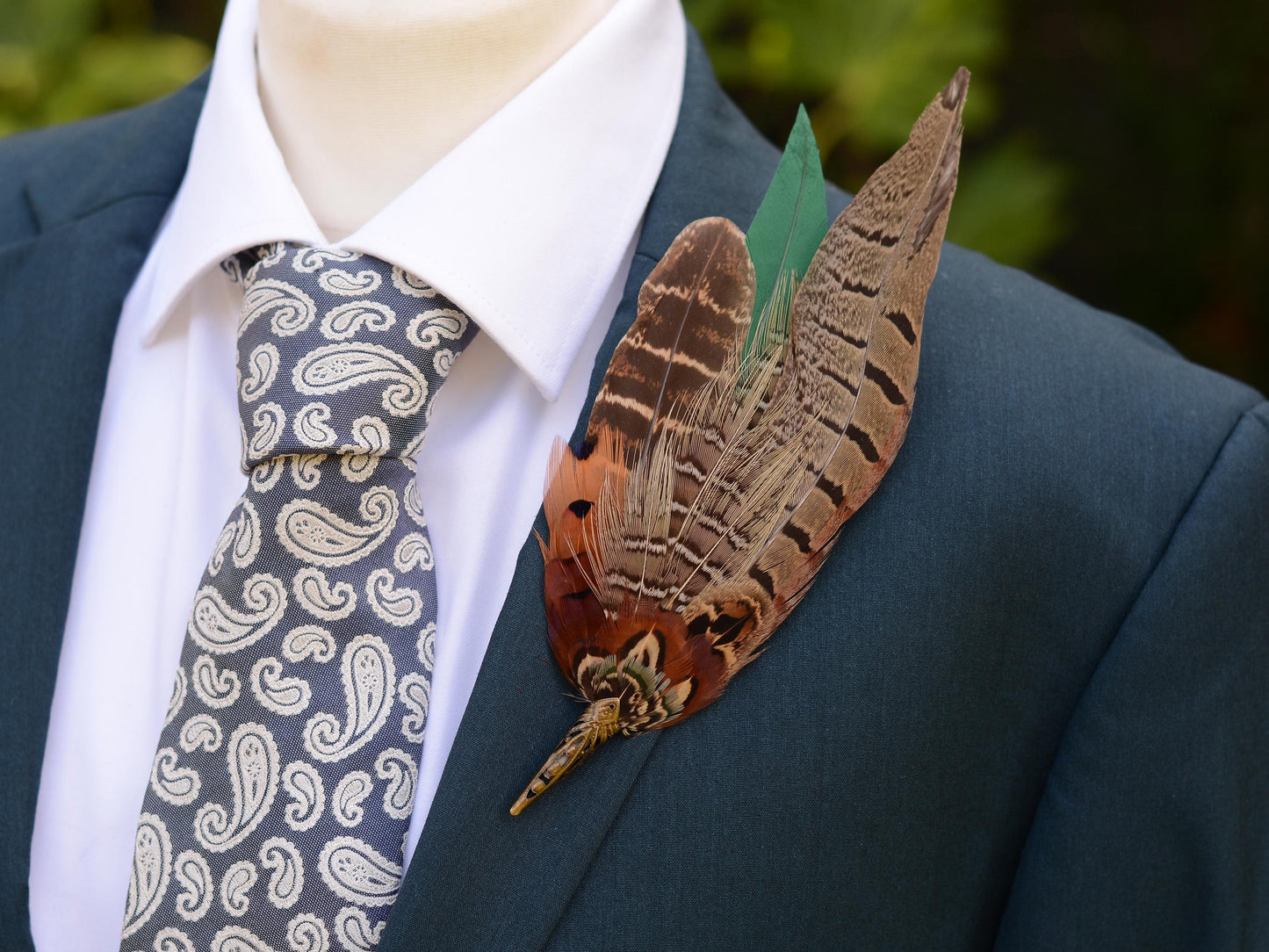 Pheasant Feather Brooch Hat Pin in Green and Copper No.274 | Unique Pheasant Feather Boutonniere