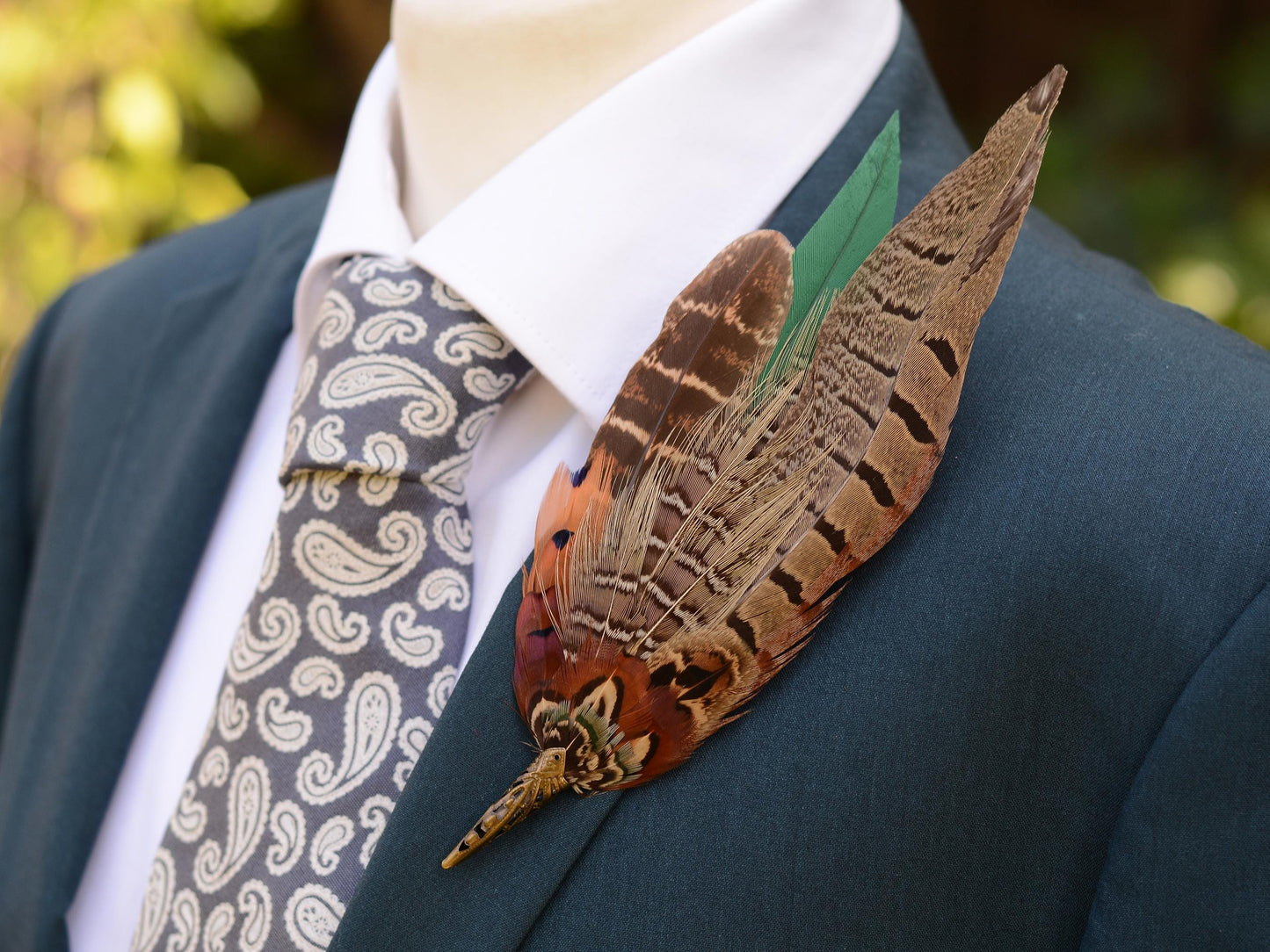 Pheasant Feather Brooch Hat Pin in Green and Copper No.274 | Unique Pheasant Feather Boutonniere
