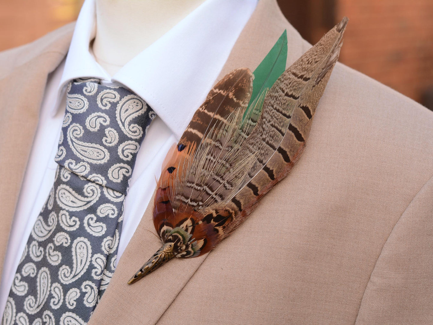 Pheasant Feather Brooch Hat Pin in Green and Copper No.274 | Unique Pheasant Feather Boutonniere