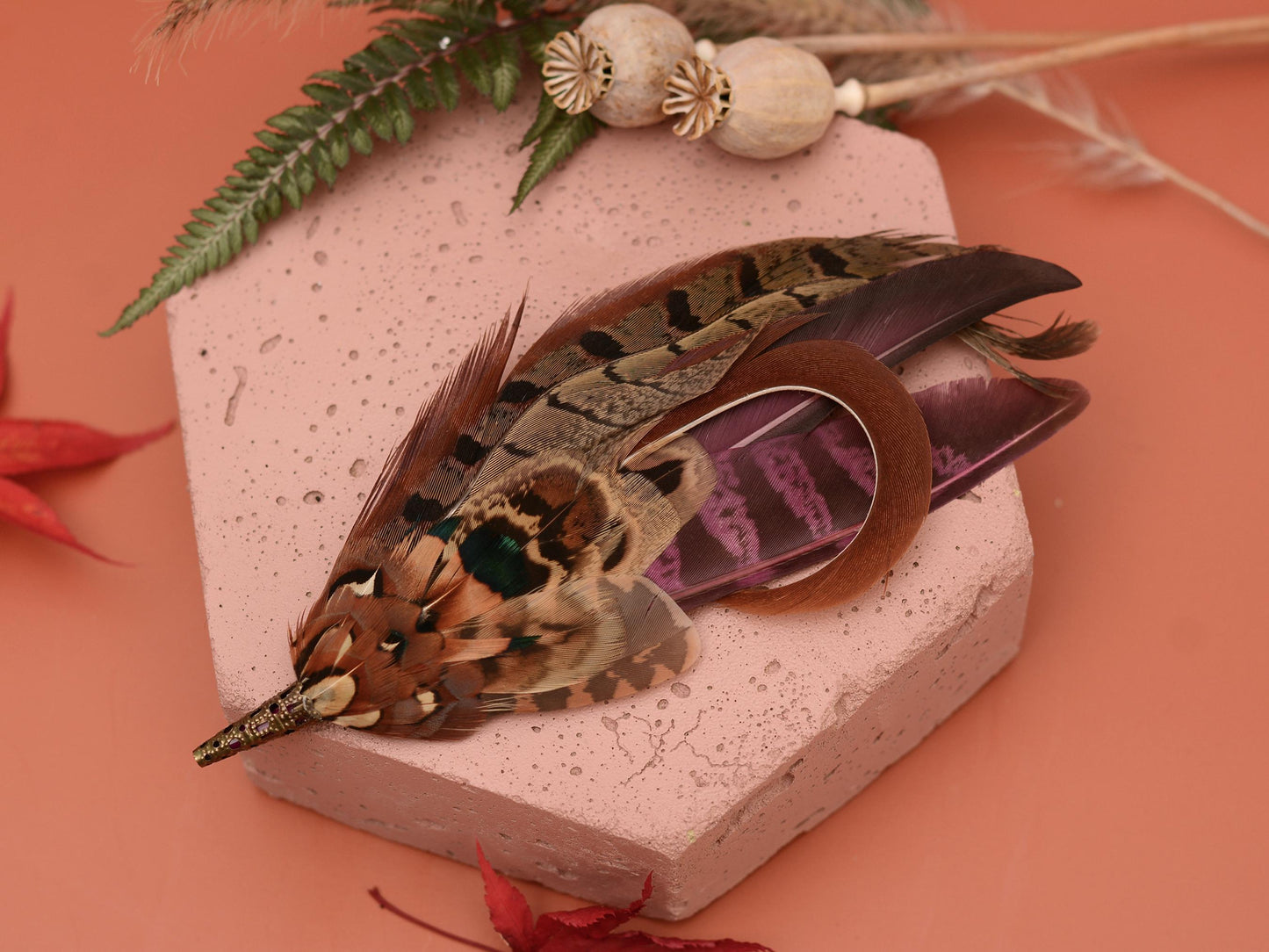 Pheasant Feather Hat Pin in Plum Purple and Copper No.305 | Pheasant Feather Boutonniere / Feather Brooch