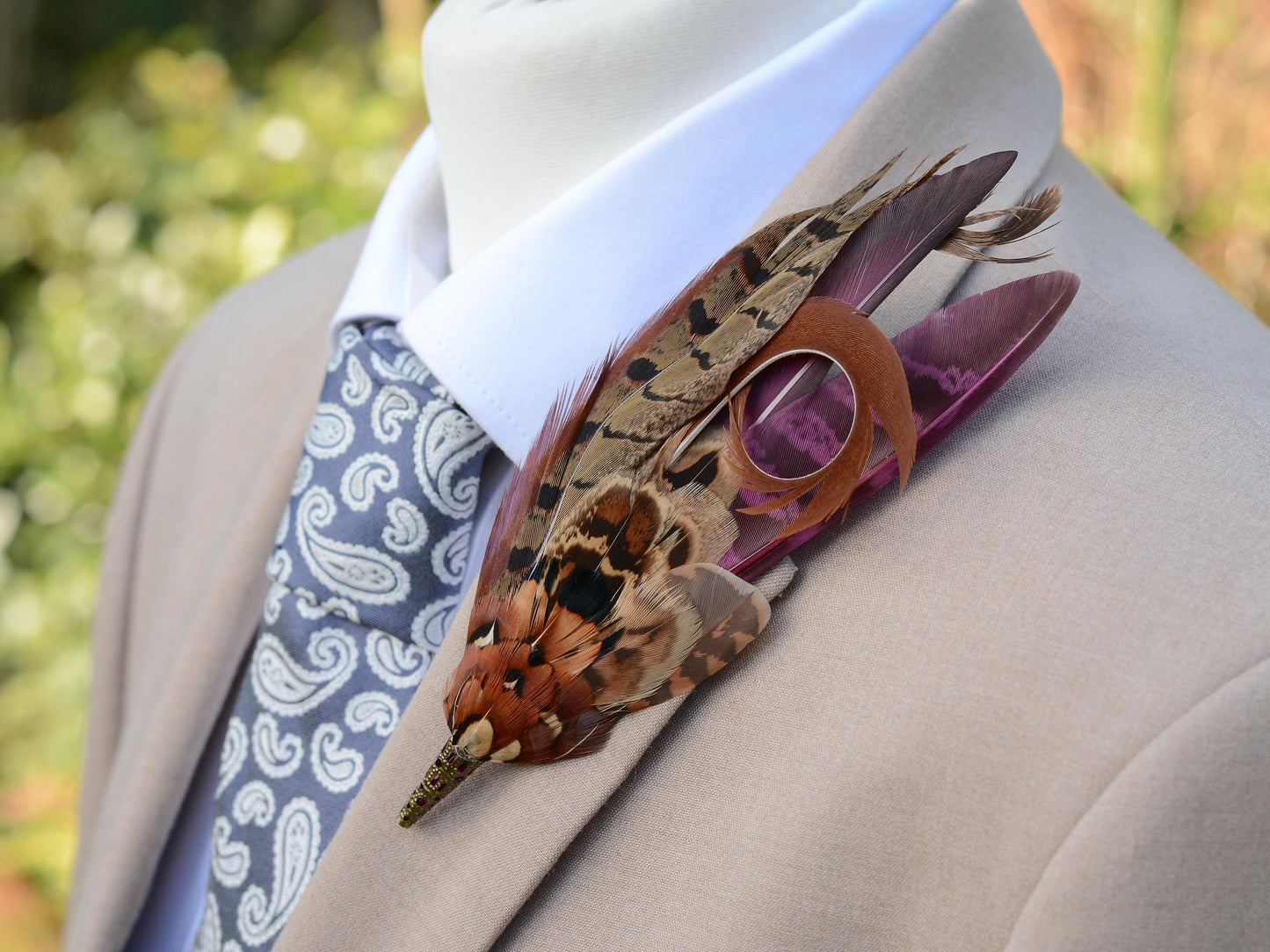 Pheasant Feather Hat Pin in Plum Purple and Copper No.305 | Pheasant Feather Boutonniere / Feather Brooch