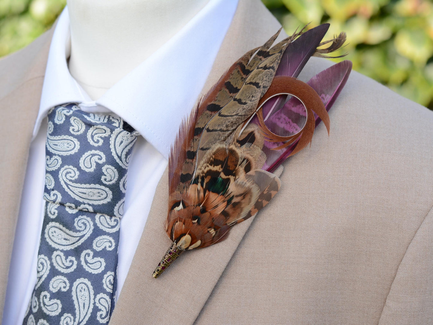 Pheasant Feather Hat Pin in Plum Purple and Copper No.305 | Pheasant Feather Boutonniere / Feather Brooch