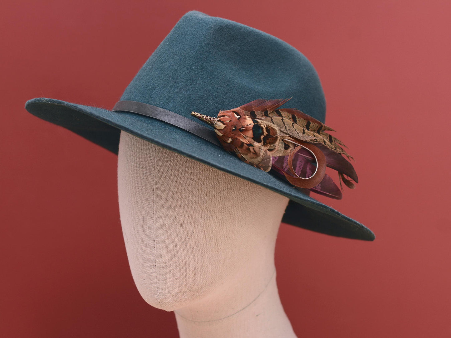 Pheasant Feather Hat Pin in Plum Purple and Copper No.305 | Pheasant Feather Boutonniere / Feather Brooch