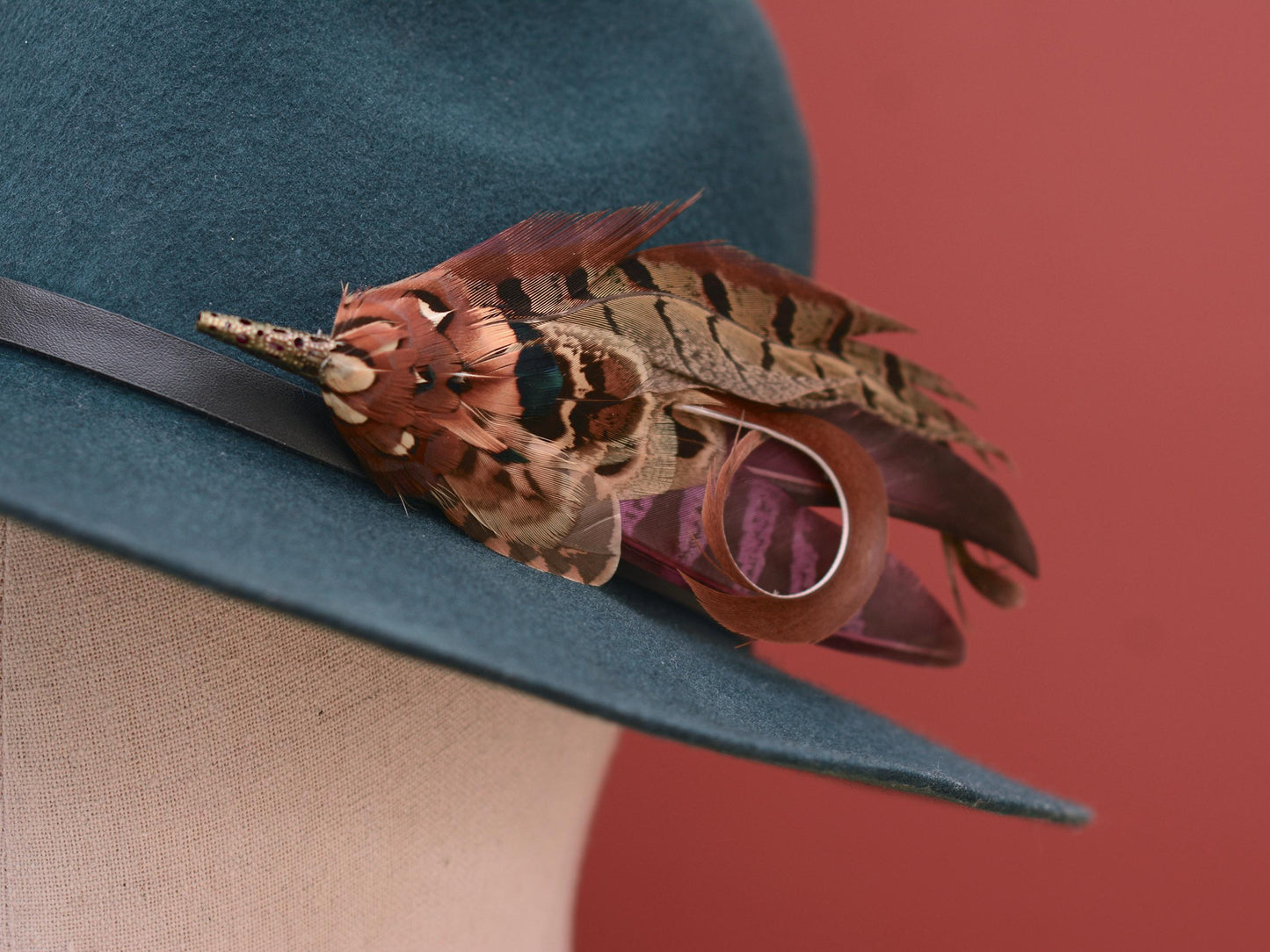 Pheasant Feather Hat Pin in Plum Purple and Copper No.305 | Pheasant Feather Boutonniere / Feather Brooch