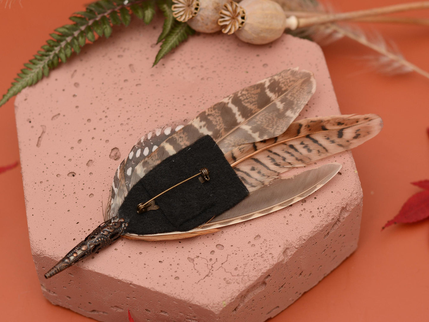 Natural Copper Pheasant Feather Boutonniere / Hat Pin No.275 | Unique Pheasant Feather Hat Pin