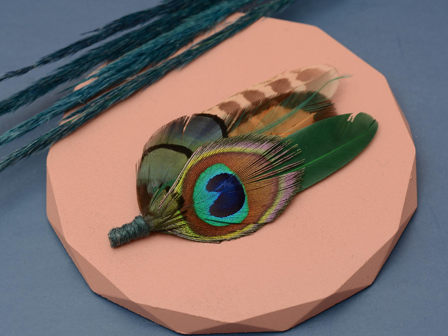 Green Peacock and Pheasant Feather Boutonniere | Peacock Feather Hat Pin | Peacock Feather Brooch