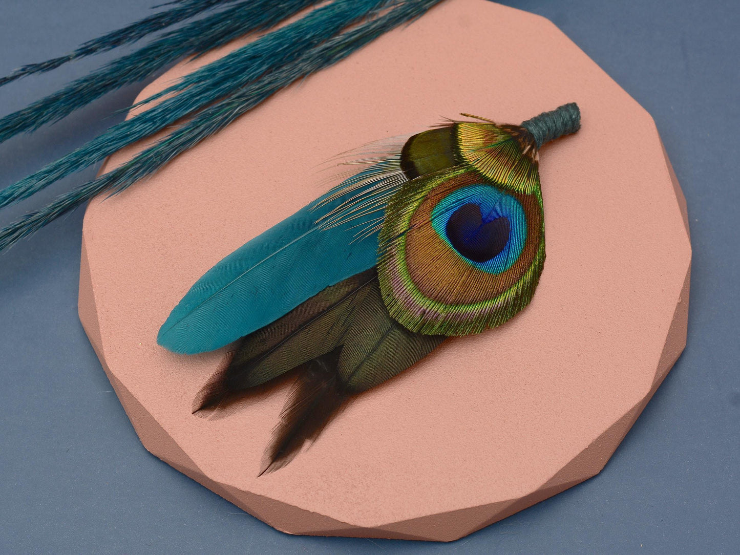 Teal and Peacock Feather Lapel Pin / Hat Pin | Peacock Feather Boutonniere | Peacock Feather Brooch