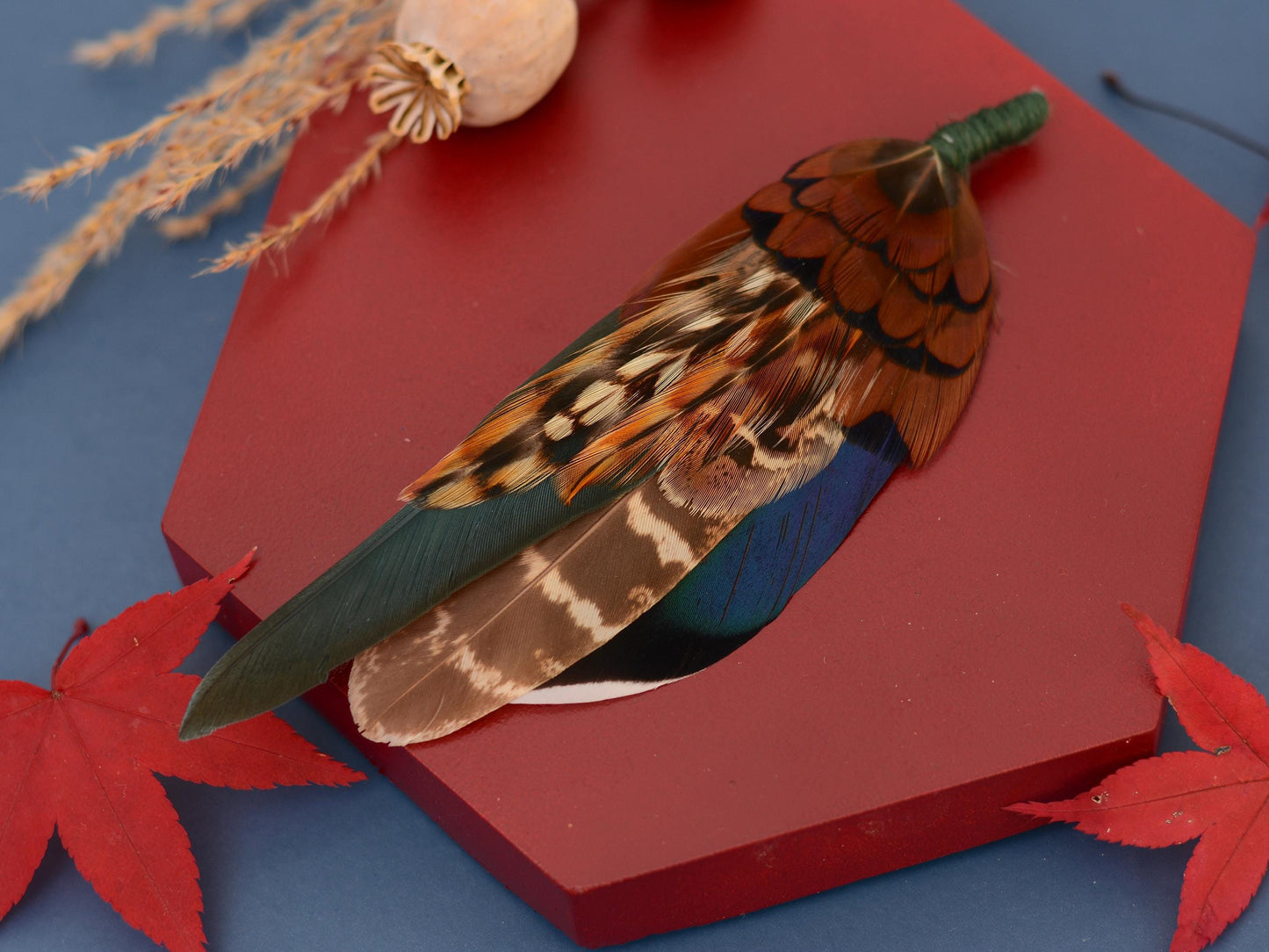Pheasant & Duck Feather Lapel Brooch / Hat Pin in Bottle Green | Pheasant Feather Boutonniere | Pheasant Feather Lapel Pin | Feather Corsage