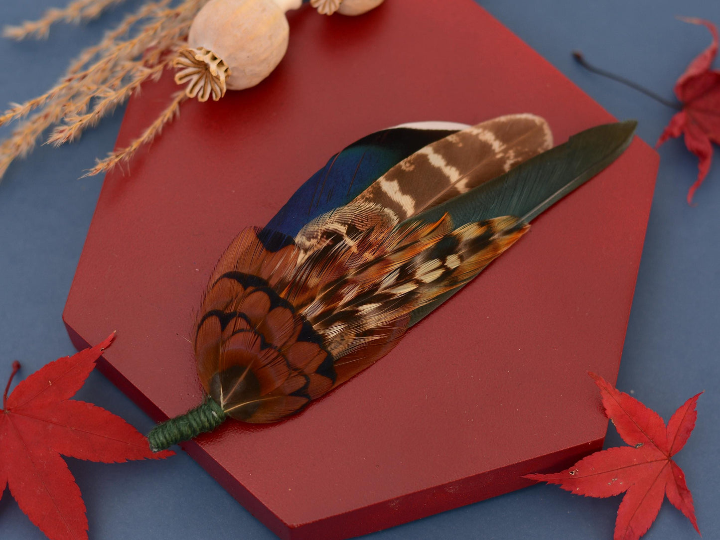 Pheasant & Duck Feather Lapel Brooch / Hat Pin in Bottle Green | Pheasant Feather Boutonniere | Pheasant Feather Lapel Pin | Feather Corsage