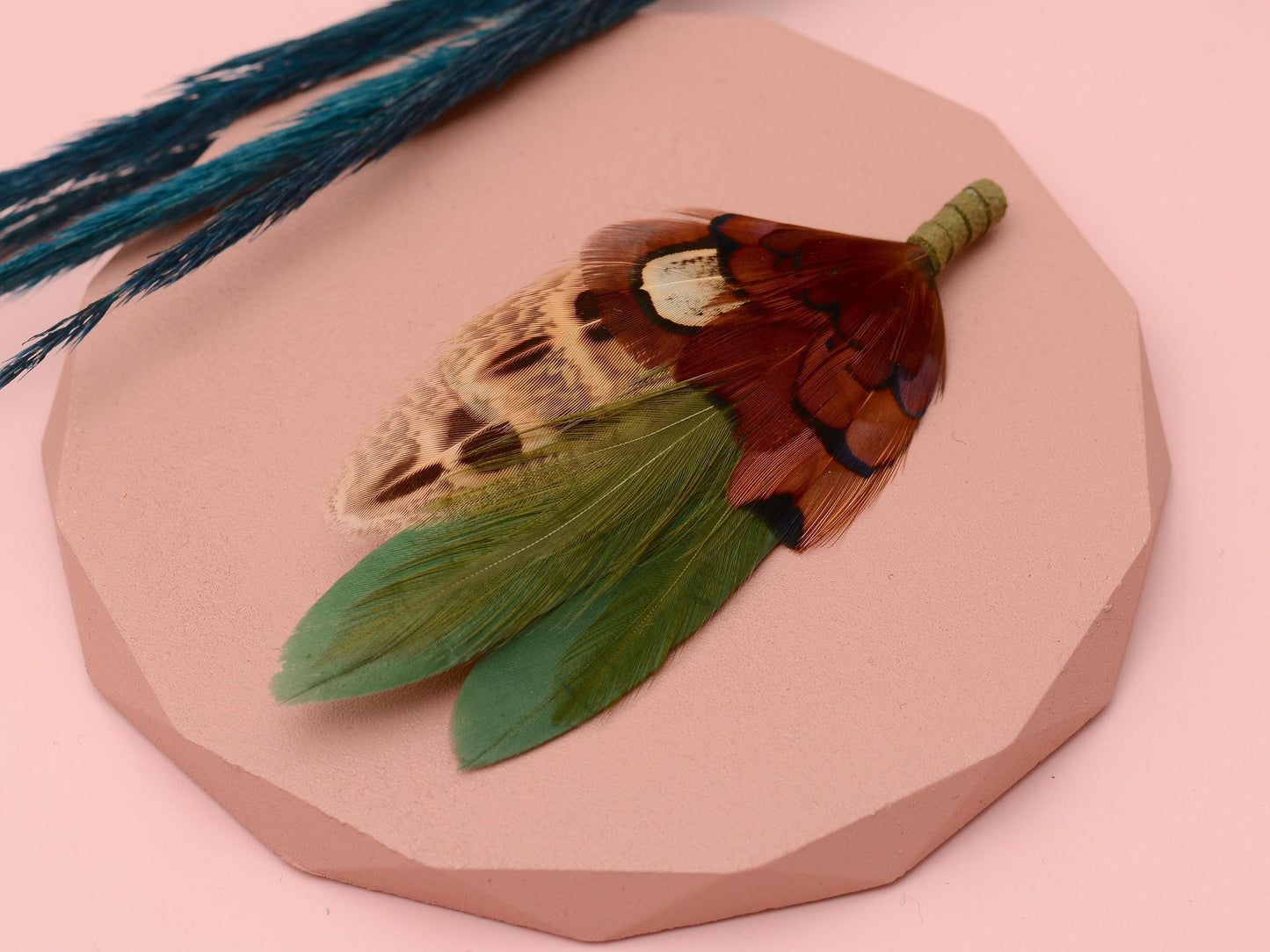 Green and Copper Pheasant Feather Lapel Pin | Feather Boutonniere | Duck Feather Brooch