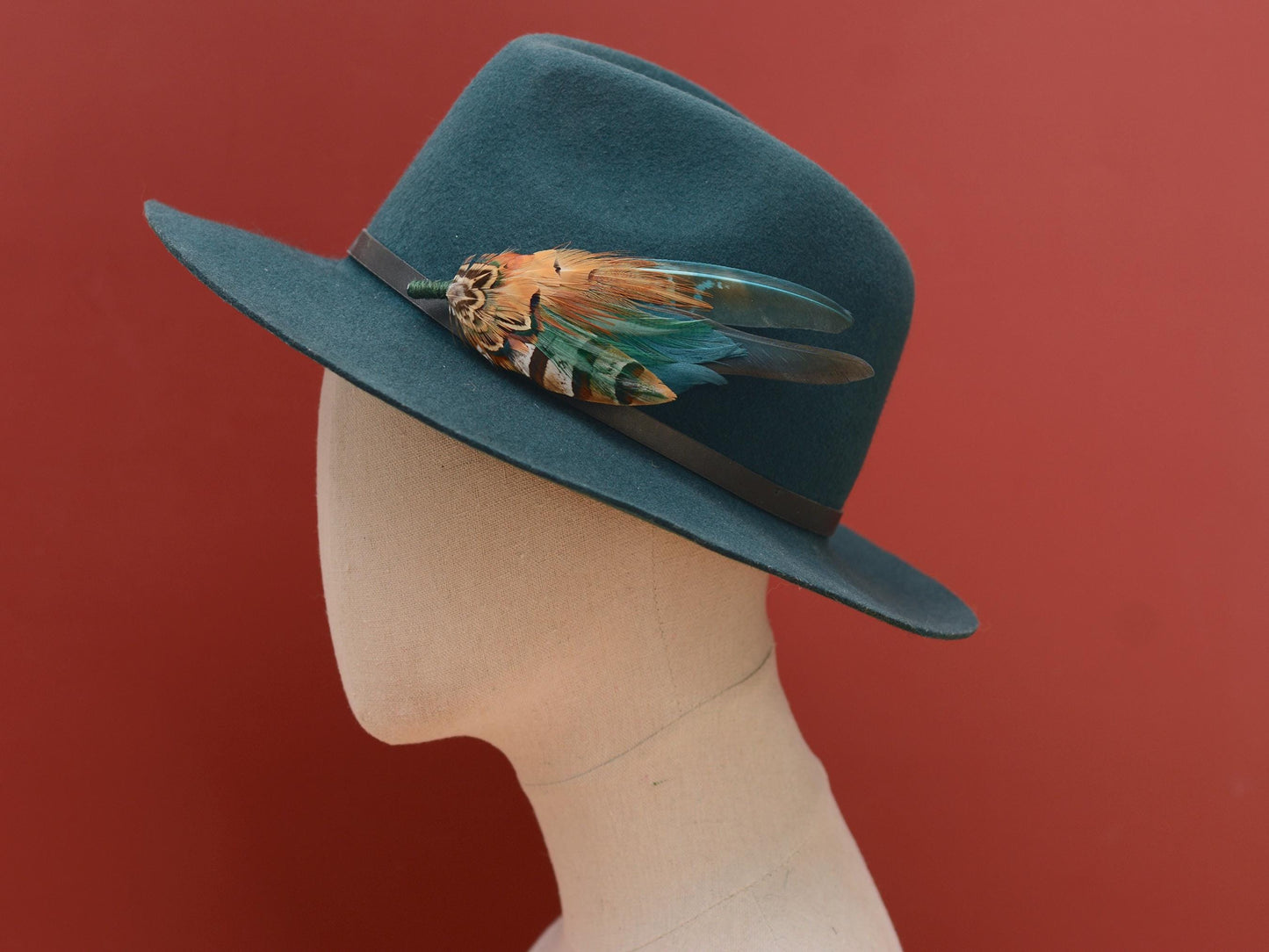 Pheasant Feather Hat Pin in Teal Green and Copper No.296 | Pheasant Feather Boutonniere / Feather Brooch
