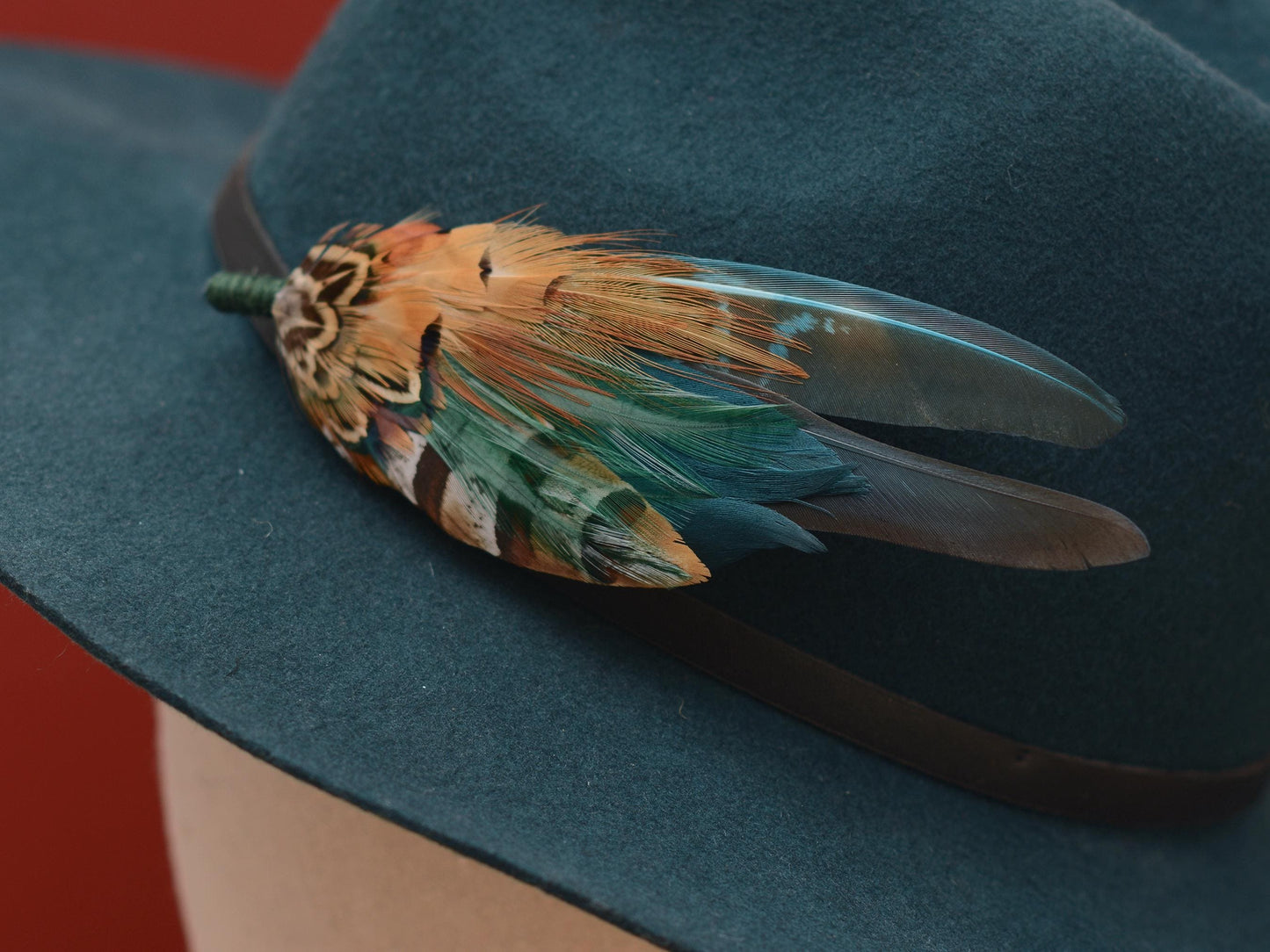 Pheasant Feather Hat Pin in Teal Green and Copper No.296 | Pheasant Feather Boutonniere / Feather Brooch