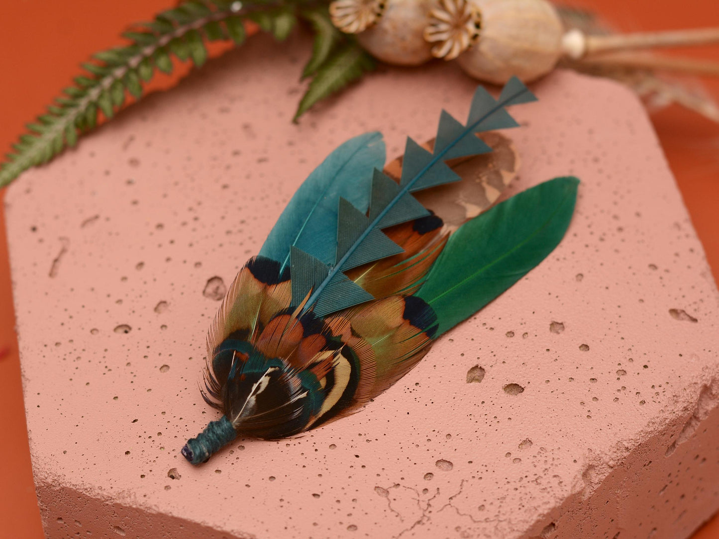 Pheasant and Duck Feather Brooch Pin in Bottle Green, Teal and Copper No.270 | Duck Feather Hat Pin | Unique Pheasant Feather Boutonniere