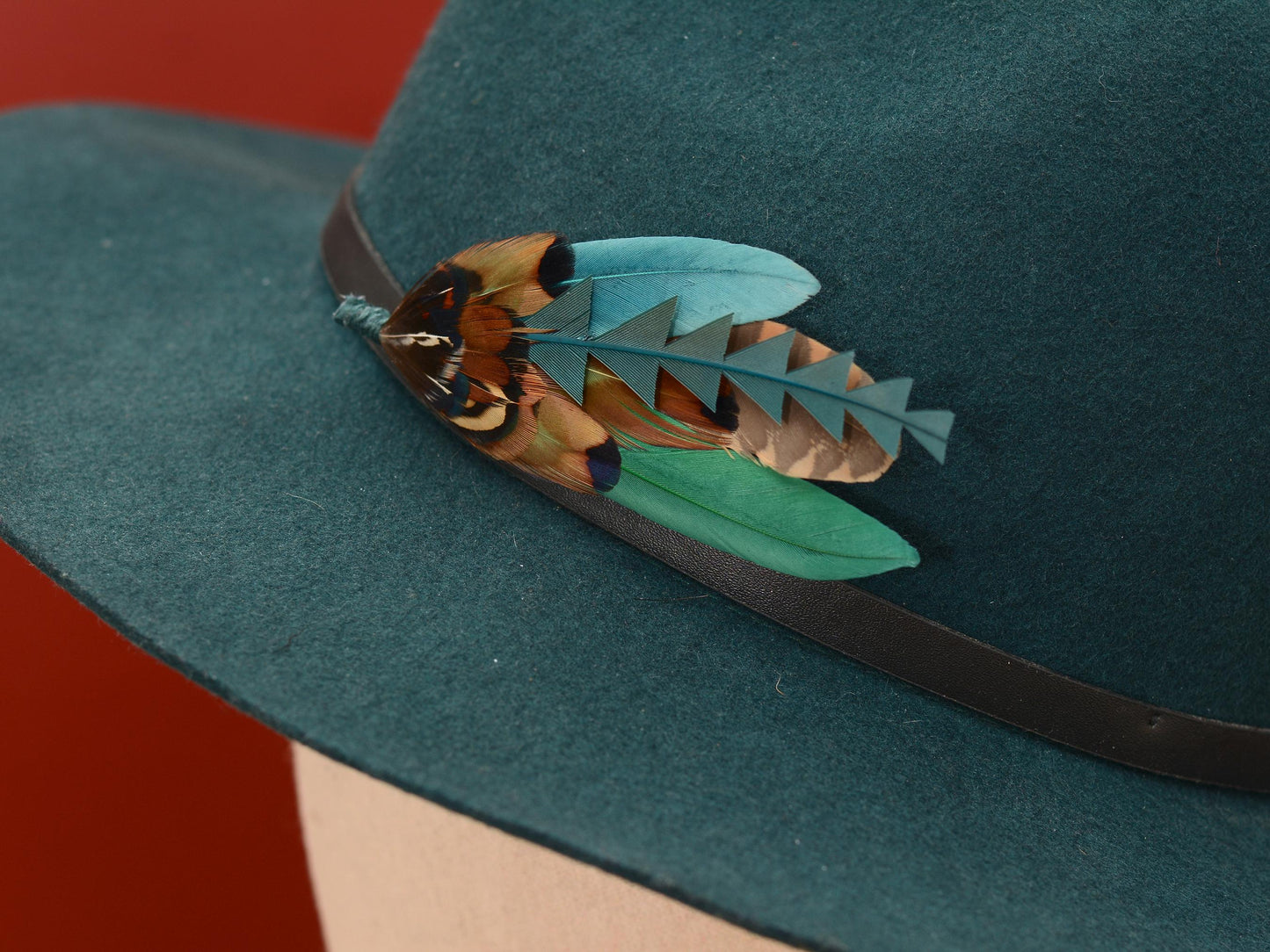 Pheasant and Duck Feather Brooch Pin in Bottle Green, Teal and Copper No.270 | Duck Feather Hat Pin | Unique Pheasant Feather Boutonniere