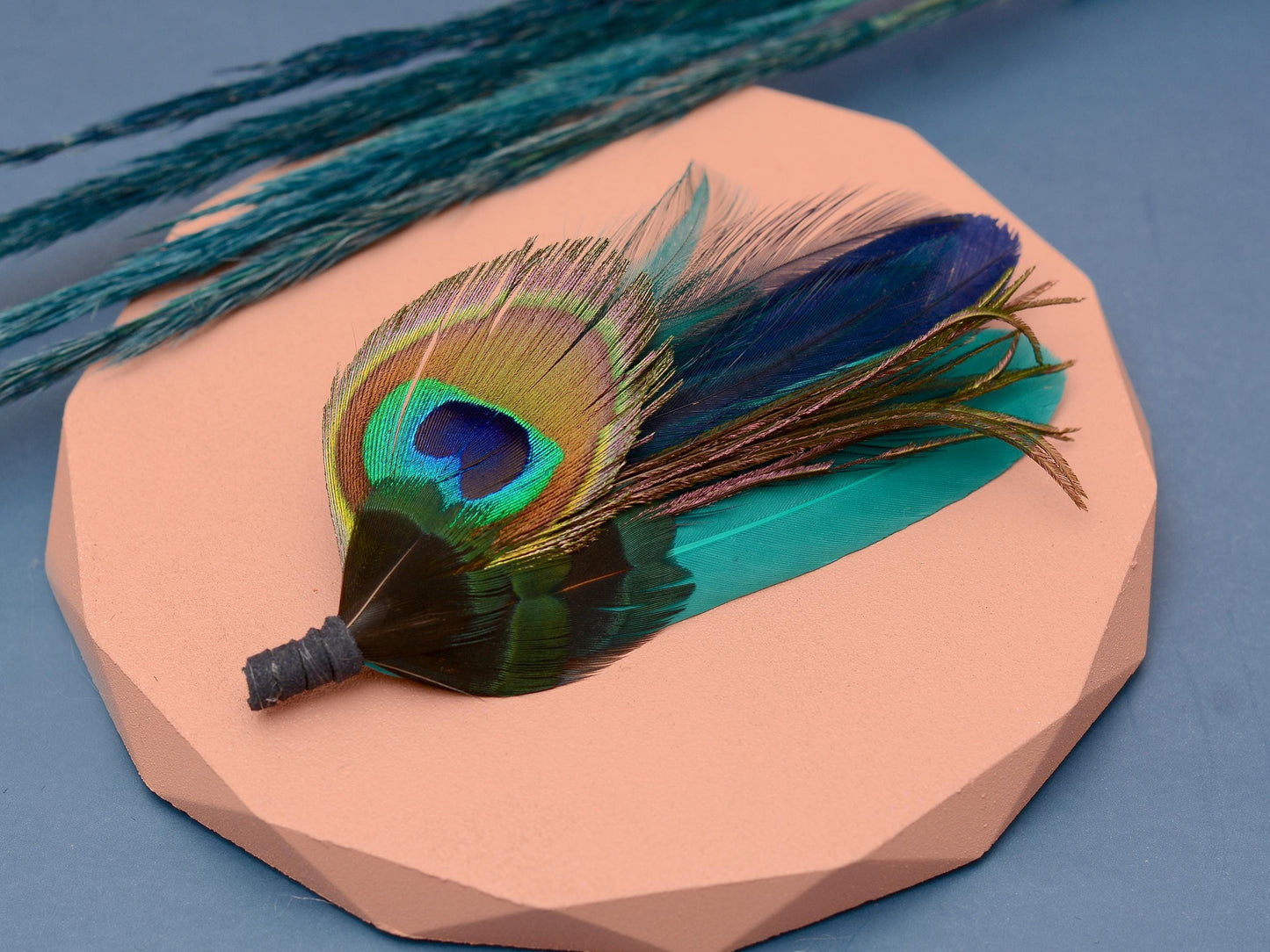 Teal Turquoise and Navy Peacock Feather Hat Pin / Brooch | Peacock Feather Boutonniere | Peacock Feather Brooch
