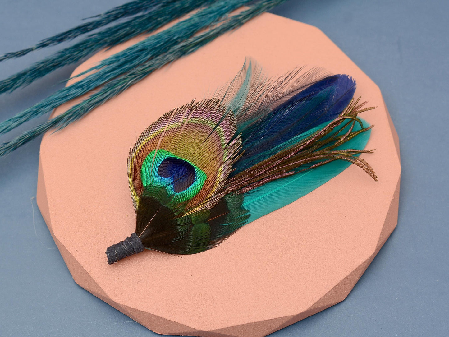 Teal Turquoise and Navy Peacock Feather Hat Pin / Brooch | Peacock Feather Boutonniere | Peacock Feather Brooch