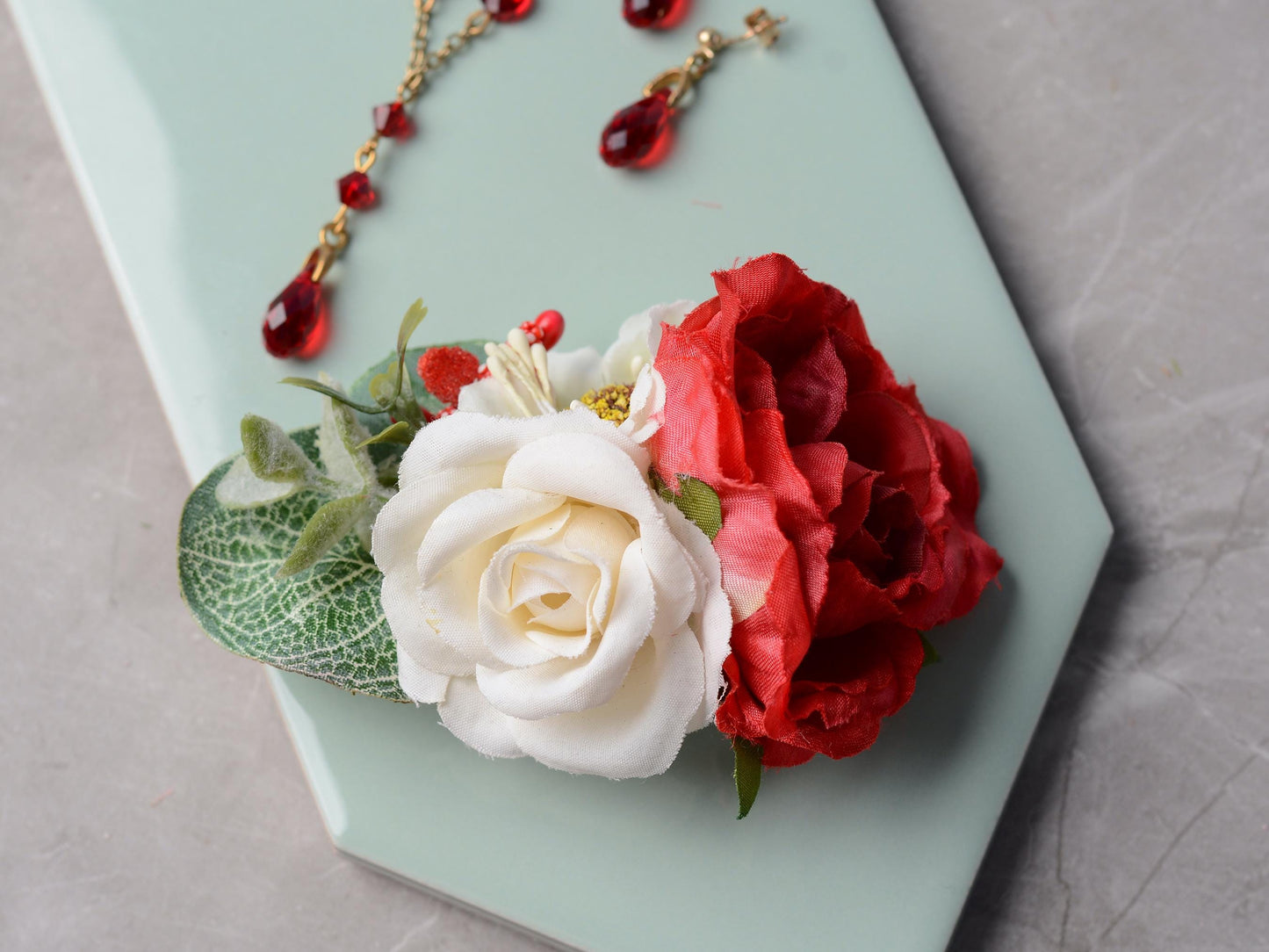 Rose Flower Hair Clip in Red and Off-White | Silk Flower Hair Clip | Bridal Hair Clip | Bridesmaids Hair Clip | Floral Headpiece