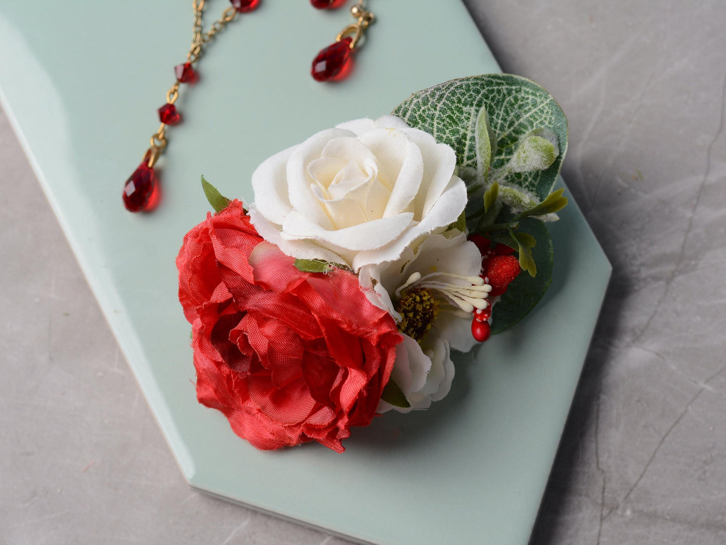 Rose Flower Hair Clip in Red and Off-White | Silk Flower Hair Clip | Bridal Hair Clip | Bridesmaids Hair Clip | Floral Headpiece