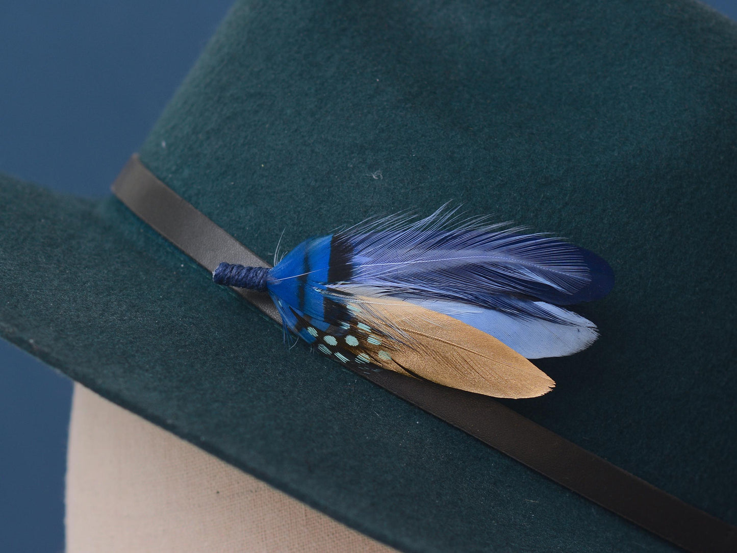 Shades of Blue and Gold Feather Lapel Pin / Hat Pin | Feather Boutonniere | Duck Feather Brooch
