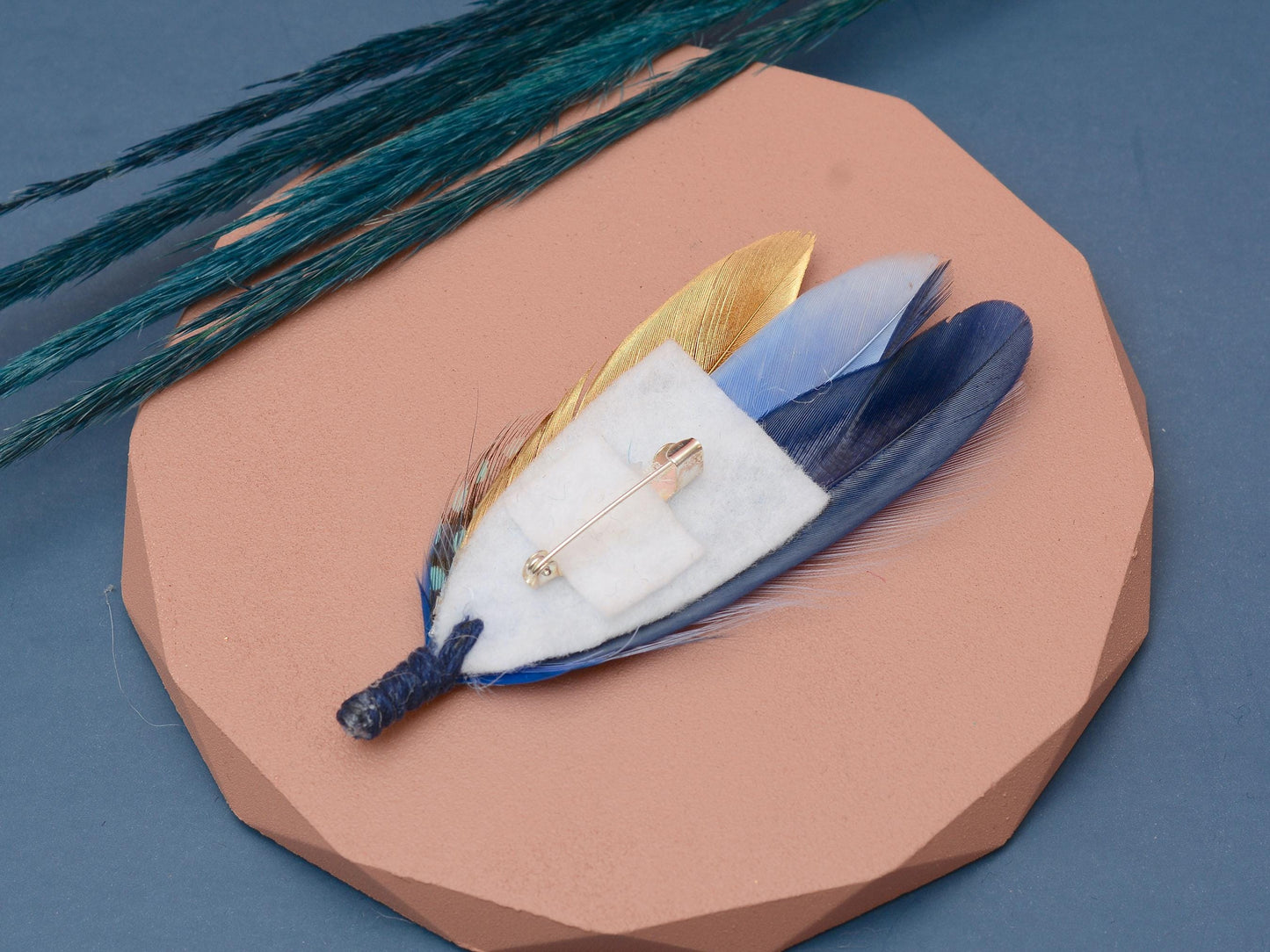 Shades of Blue and Gold Feather Lapel Pin / Hat Pin | Feather Boutonniere | Duck Feather Brooch