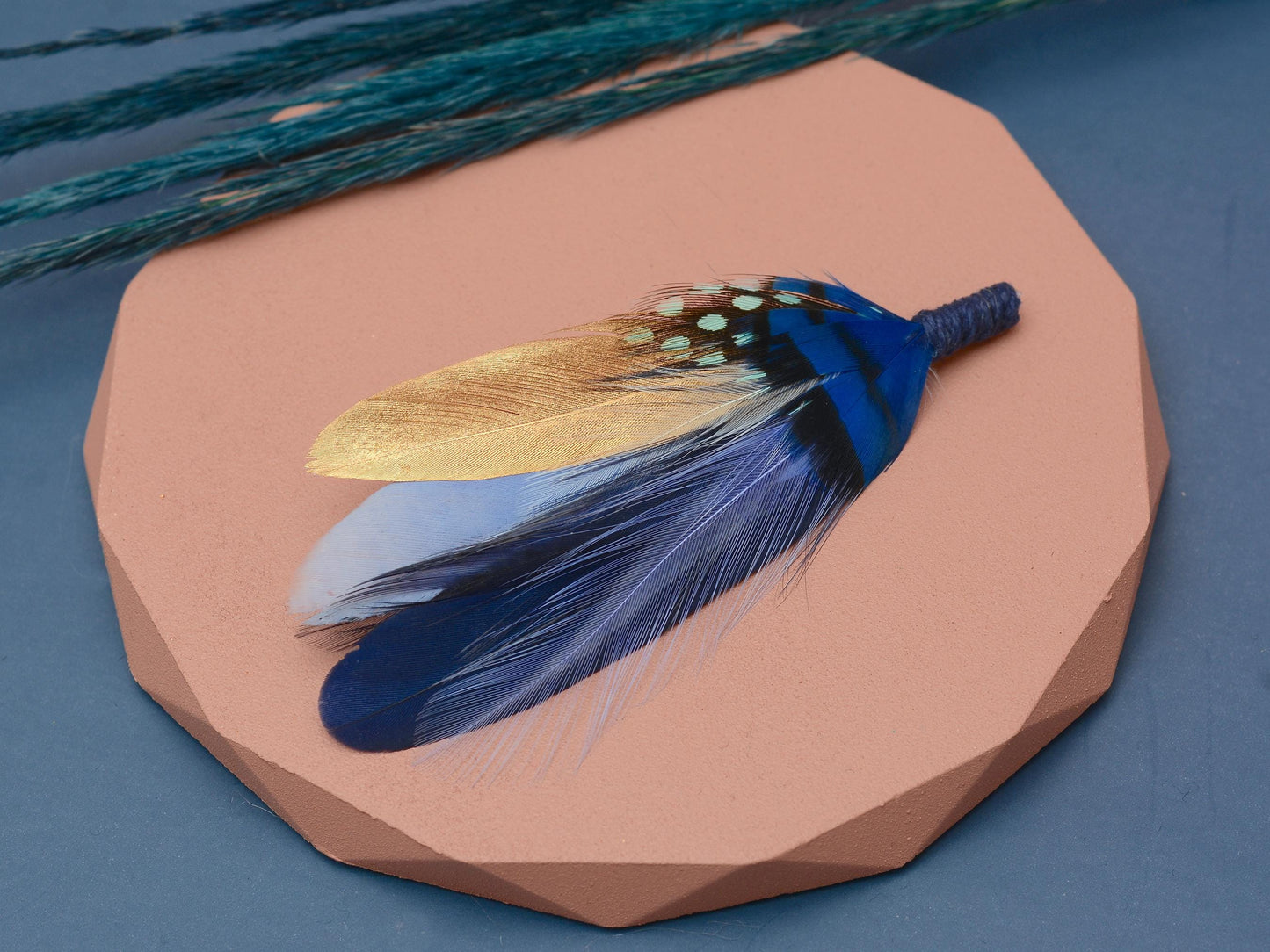 Shades of Blue and Gold Feather Lapel Pin / Hat Pin | Feather Boutonniere | Duck Feather Brooch