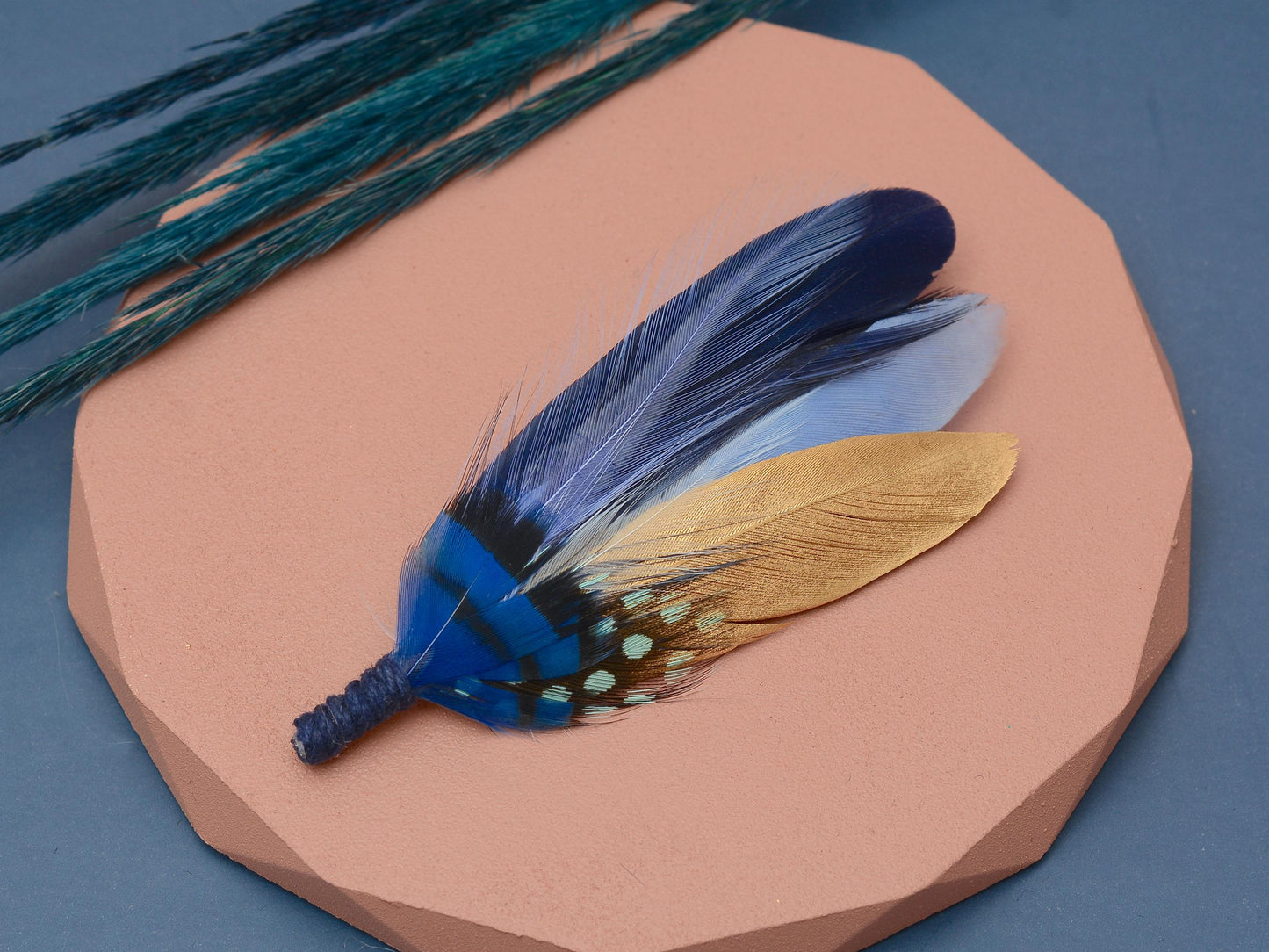 Shades of Blue and Gold Feather Lapel Pin / Hat Pin | Feather Boutonniere | Duck Feather Brooch
