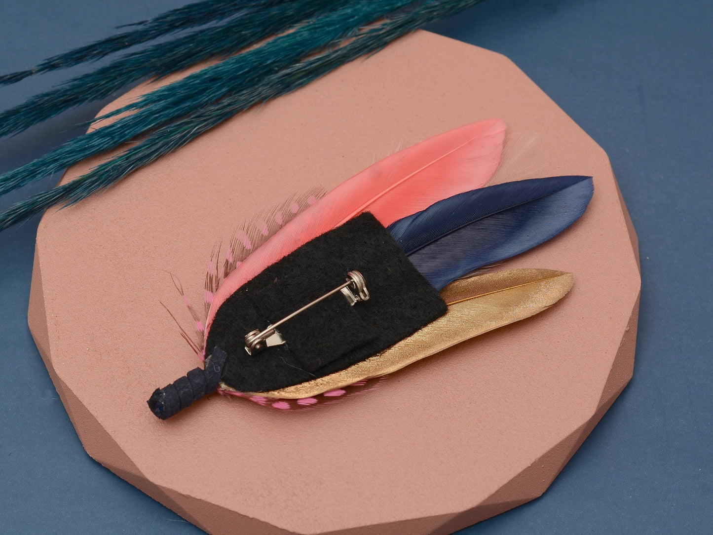 Navy Blue, Blush Pink and Gold Feather Brooch | Duck Feather Boutonniere | Feather Hat Pin