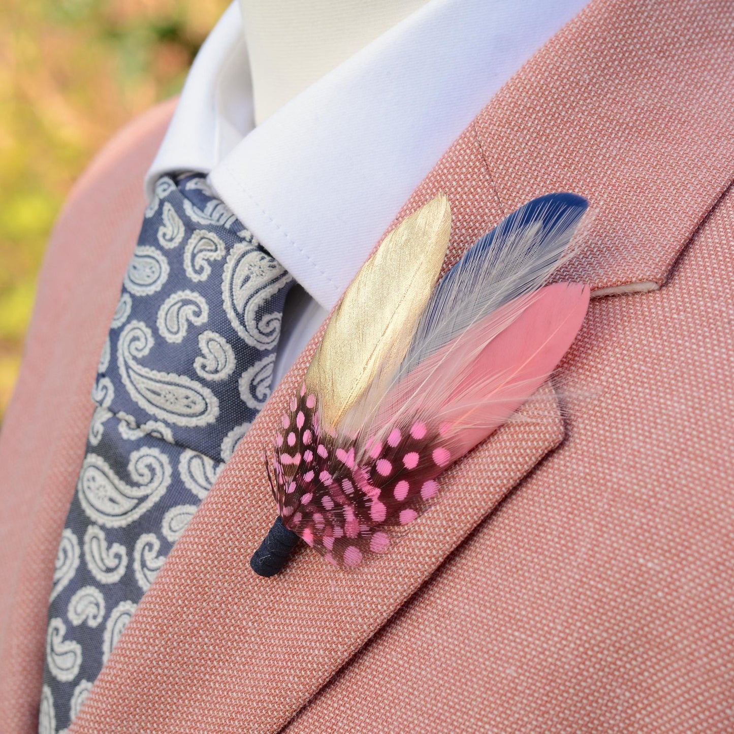 Navy Blue, Blush Pink and Gold Feather Brooch | Duck Feather Boutonniere | Feather Hat Pin