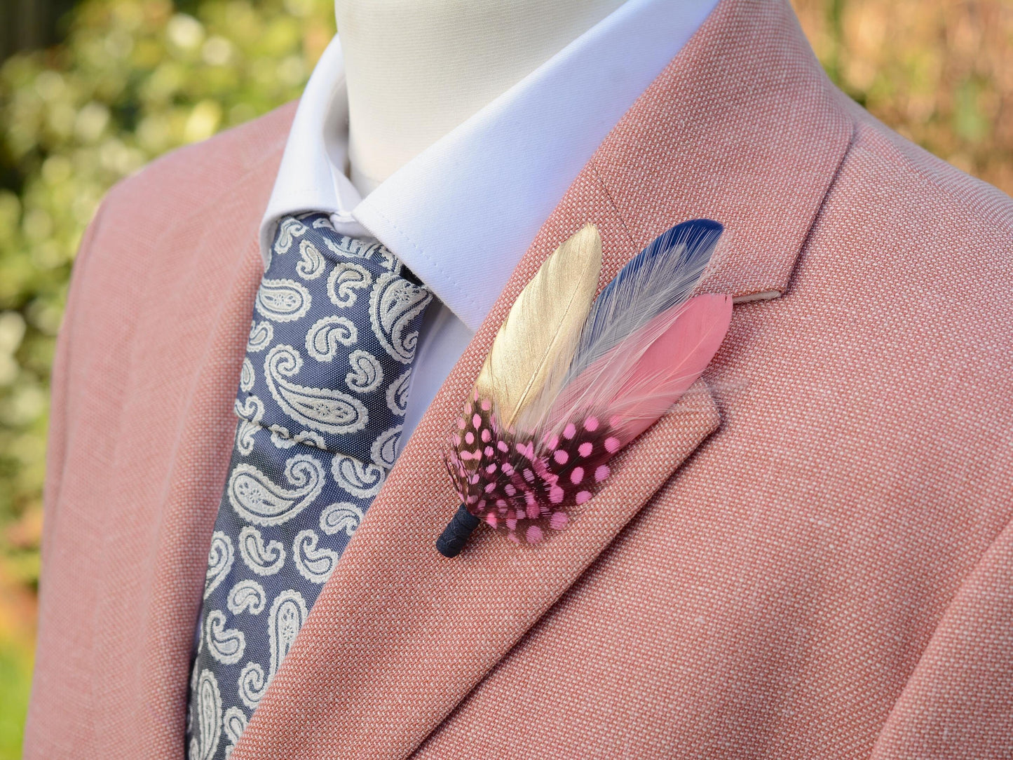 Navy Blue, Blush Pink and Gold Feather Brooch | Duck Feather Boutonniere | Feather Hat Pin