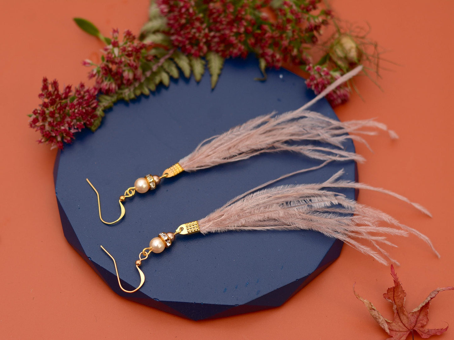 Feather Earrings in Blush Pink Ostrich Feather Earrings with Pearl and Crystal Detail in Gold