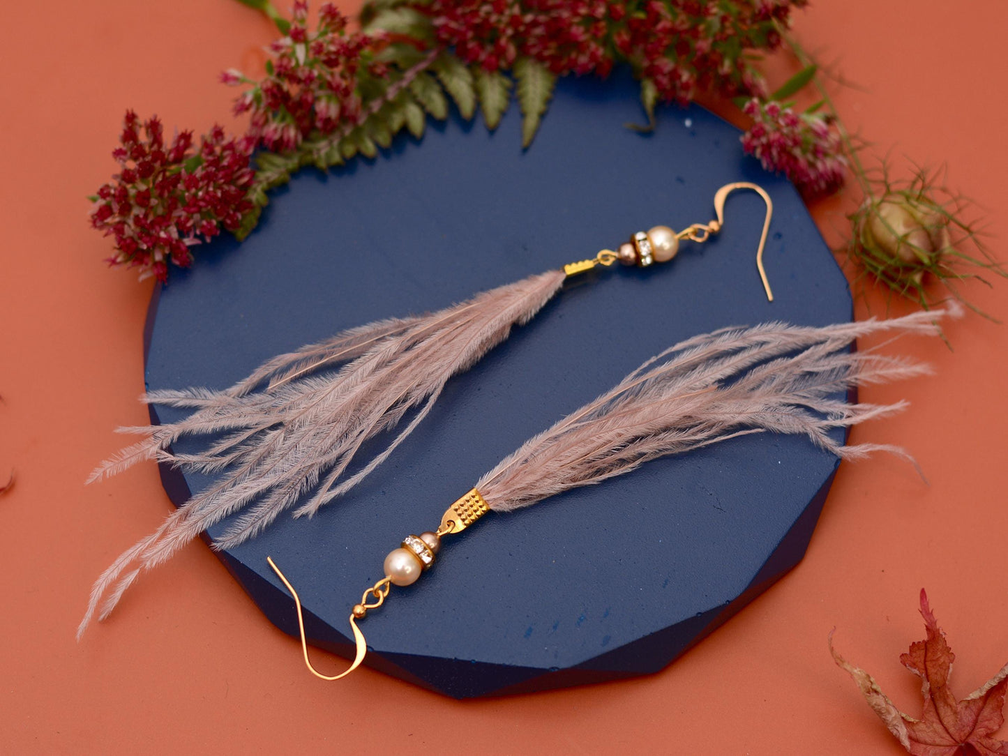 Feather Earrings in Blush Pink Ostrich Feather Earrings with Pearl and Crystal Detail in Gold