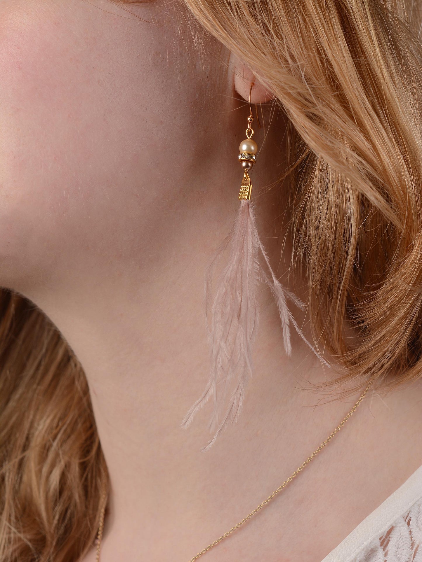 Feather Earrings in Blush Pink Ostrich Feather Earrings with Pearl and Crystal Detail in Gold
