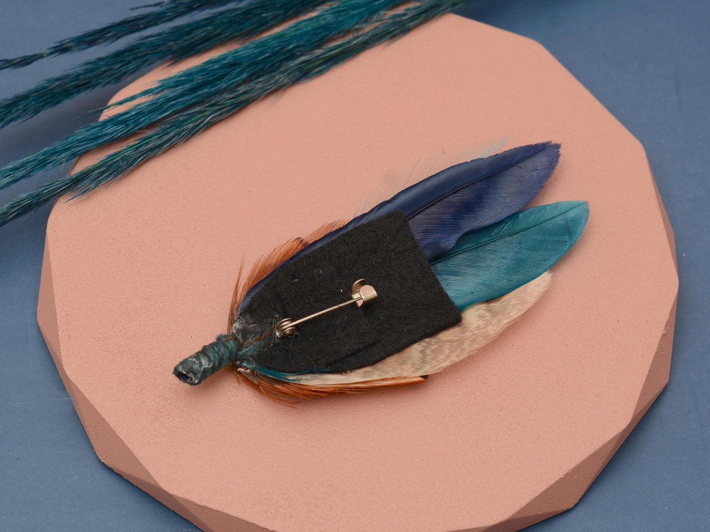 Navy Blue and Teal Pheasant Feather Pin | Feather Boutonniere | Duck Feather Brooch / Hat Pin