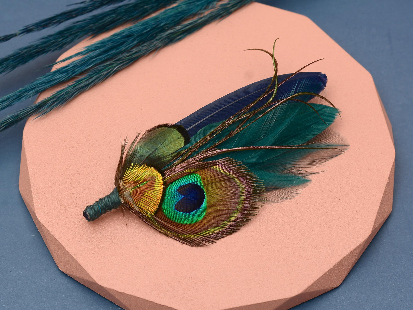 Teal and Navy Peacock Feather Boutonniere | Peacock Feather Corsage | Peacock Feather Brooch