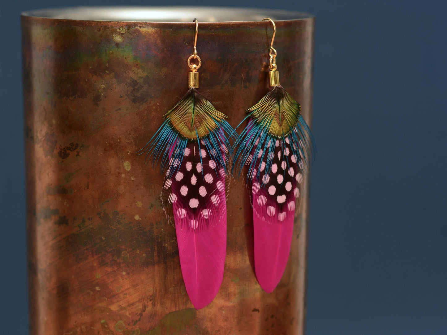 Hot Pink and Turquoise Feather Earrings | Peacock Feather Earrings | Festival Earrings | Feather Jewellery | Festival Jewellery | Bohemian