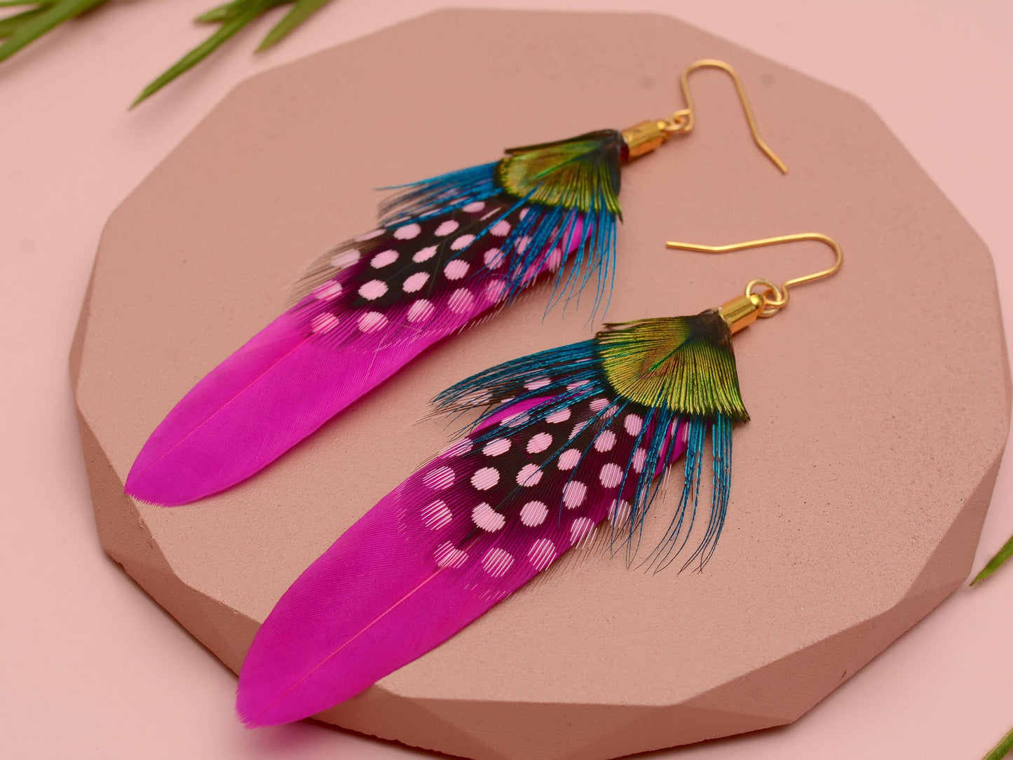 Hot Pink and Turquoise Feather Earrings | Peacock Feather Earrings | Festival Earrings | Feather Jewellery | Festival Jewellery | Bohemian