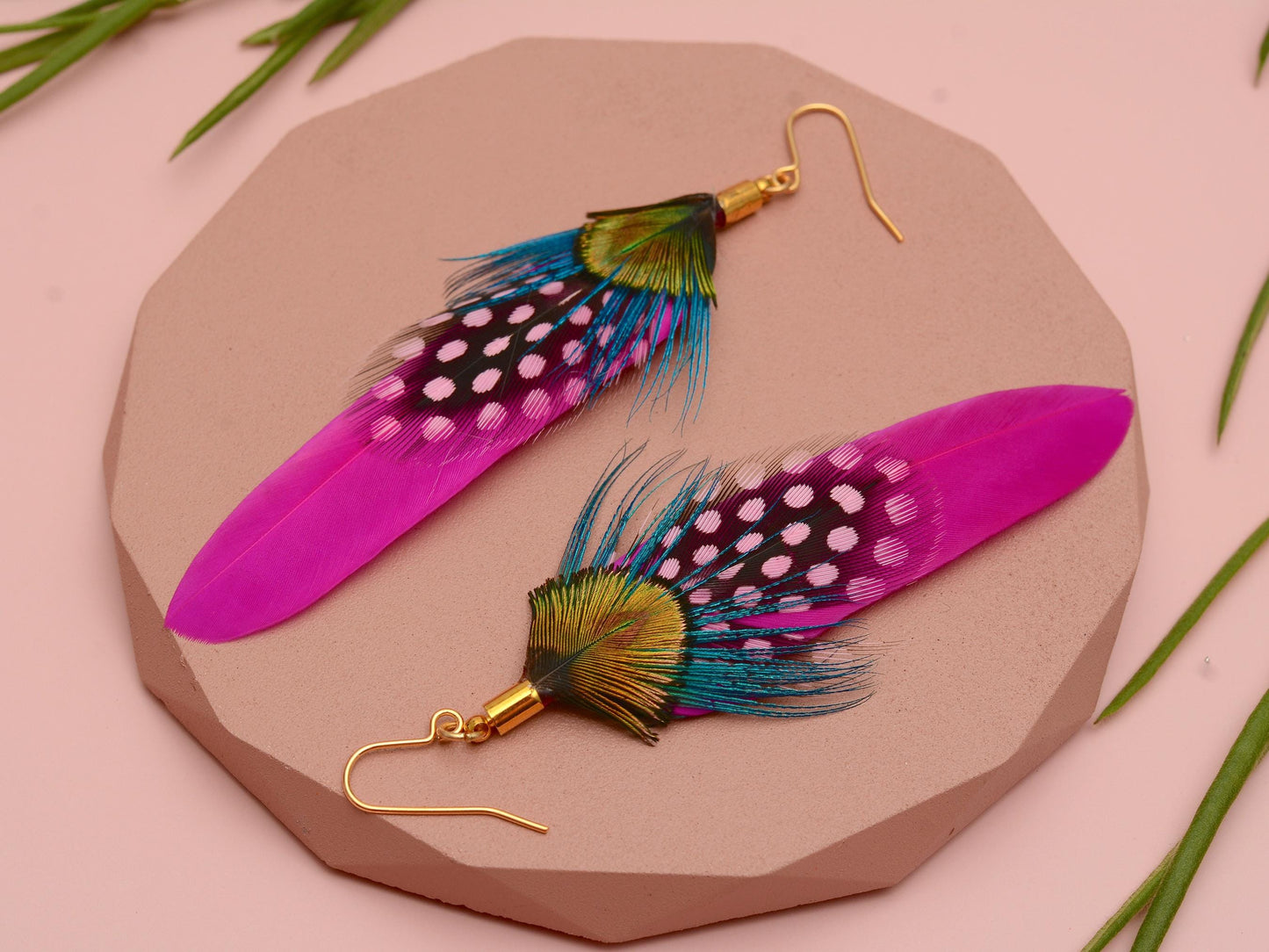Hot Pink and Turquoise Feather Earrings | Peacock Feather Earrings | Festival Earrings | Feather Jewellery | Festival Jewellery | Bohemian