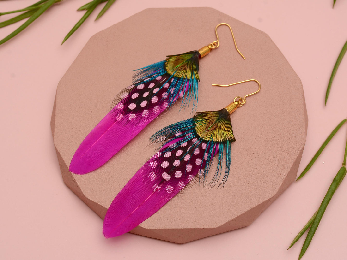 Hot Pink and Turquoise Feather Earrings | Peacock Feather Earrings | Festival Earrings | Feather Jewellery | Festival Jewellery | Bohemian