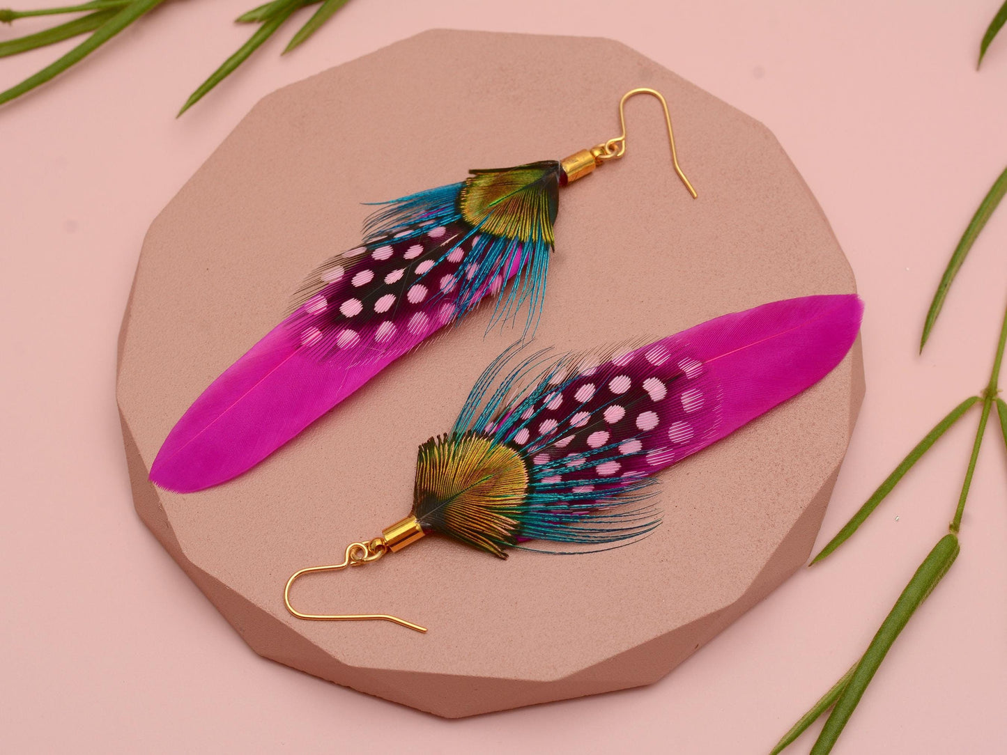 Hot Pink and Turquoise Feather Earrings | Peacock Feather Earrings | Festival Earrings | Feather Jewellery | Festival Jewellery | Bohemian