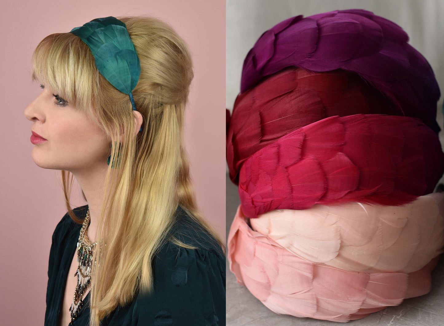 Soft Goose Feather Headband in Green, Navy Blue, Royal Blue, Teal, Black, Pink, Red, Plum Purple, Burgundy, Yellow, Black, White, Ivory