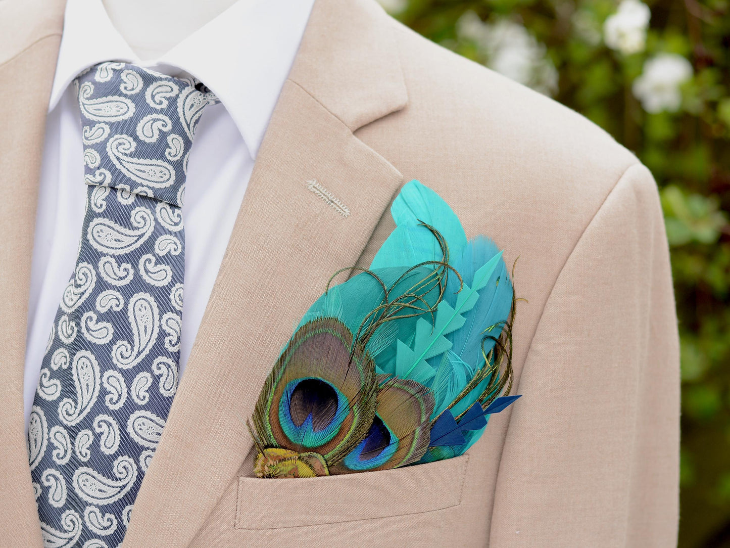 Peacock Feather Pocket Square in Teal and Turquoise Green No.215 | Suit Accessory | Feather Neck Tie | Grooms Outfit | Groomsmen Gift