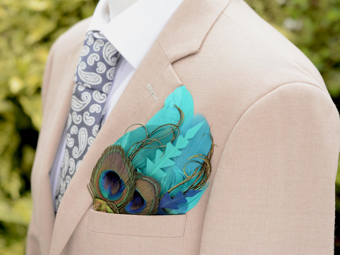 Peacock Feather Pocket Square in Teal and Turquoise Green No.215 | Suit Accessory | Feather Neck Tie | Grooms Outfit | Groomsmen Gift